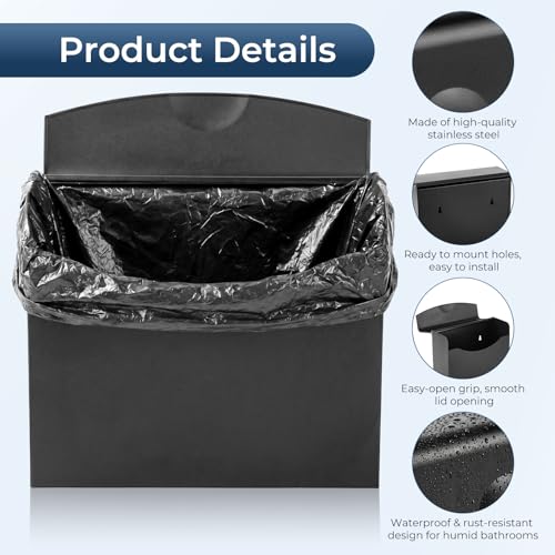Sanitary Napkin Disposal Receptacle,9.4x7.8x3.5 inch Stainless Steel Wall Mounted Feminine Hygiene Waste bin with Disposable Sanitary Bags and Trash Bag Set for Bathroom,Office (Black) - color: Black