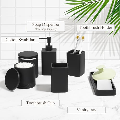 Bathroom Accessories Set, 6 Piece Soap Dispenser Set - Matte Black | Bathroom Set with Toothbrush Holders, Soap Dispenser, Vanity Tray, Tumbler, Cotton Swab Jars, Bathroom Organizer and Storage - color: Black