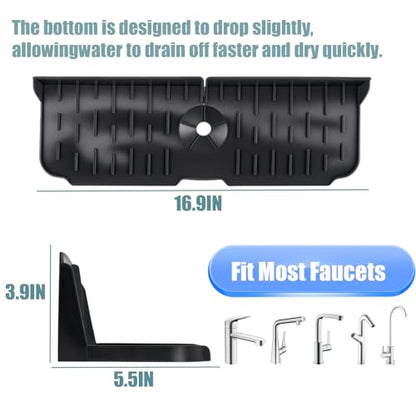 Sink Splash Guard Behind Faucet, 17" x 5.5" Silicone Faucet Drying Mat & Dish Sponge Holder, Fast Self-Draining Kitchen Sink Organizer with Adjustable Fit (Black) - color: Black