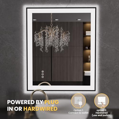 LOAAO 30"X36" LED Bathroom Mirror Black Framed | Anti-Fog, Dimmable, Memory Function, Tempered Glass, Lighted Vanity Mirror for Wall - size: 30"L x 36"W