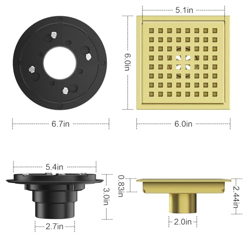 EXF Square Shower Drain Brushed Gold 6-Inch with ABS Flange, Hair Catcher | 304 Stainless Steel, Removable Grid Grate, Anti-Clog, Anti-Rust, Easy Clean, Adjustable Height - color: Gold, size: 6IN