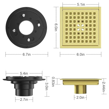 EXF Square Shower Drain Brushed Gold 6-Inch with ABS Flange, Hair Catcher | 304 Stainless Steel, Removable Grid Grate, Anti-Clog, Anti-Rust, Easy Clean, Adjustable Height - color: Gold, size: 6IN