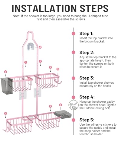 Adjustable Shower Caddy Hanging for Handheld Showerheads - Never Rust Shower Hanging Organizer, Upgraded Bathroom Shower Rack with Soap Basket, Hooks and Toothbrush Holder (Pink) - color: Pink