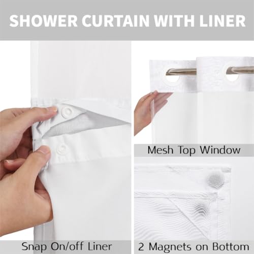 No Hooks Cream Boho Faux Linen Shower Curtain with Snap-in Liner Set, Textured Hotel Luxury Bathroom Curtain with See Through Top Window, Waterproof & Washable, 72x78 inches - color: White, size: 72"W x 78"L (Pack of 1), style: No Hooks