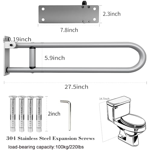 28 Inch Toilet Grab Bar Flip Up Aluminum Handicap Rails Grab Bars Load Capacity of 100 kg 220 lbs Toilet Rail Bathroom U Shaped and Wall Mount Safety for Pregnant Injured Patients 28 in Silver - color: Silver, size: 28 in
