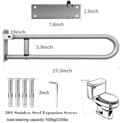 28 Inch Toilet Grab Bar Flip Up Aluminum Handicap Rails Grab Bars Load Capacity of 100 kg 220 lbs Toilet Rail Bathroom U Shaped and Wall Mount Safety for Pregnant Injured Patients 28 in Silver - color: Silver, size: 28 in