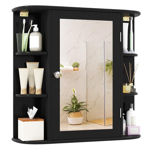 Tangkula Bathroom Medicine Cabinet with Mirror, Modern Wall Mounted Space-Saving Storage Organizer with Mirrored Door, 4 Internal Shelves & 6 Open Side Shelves, Bathroom Wall Cabinet (Black) - color: Black