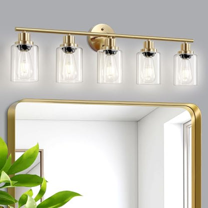 5-Light Bathroom Vanity Lights, E26 Modern Brushed Gold Bathroom Light Fixtures with Clear Glass Shade, Mirror Kitchen Hallway Cabinet Living Room Sconces Wall Lights - color: Gold & Clear Glass Shade, size: 31.4 Inch : 5-Light