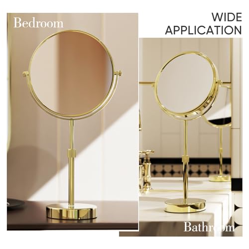 Nicesail 8" Face 10X Tabletop Vanity Mirror, Shiny Gold, Height Adjustable | 15-19" Tall Table Mirror, 1X 10X Magnifying Mirror Double Sided for Makeup &Shaving, Desk Vanity Mirror 360 Rotation Bathroom