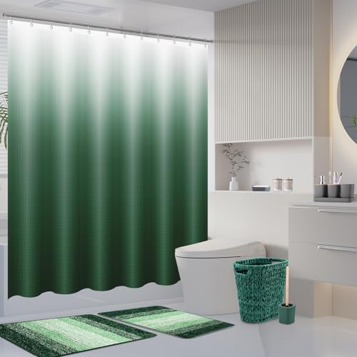 XLHOMO Dark Green Bathroom Accessories Set with Wicker Trash Can Shower Curtain and Rugs,Bathroom Sets Small Waste Basket Bathroom Trash Can for Bedroom Bathroom - size: Wicker Bathroom Set+Shower Curtain+Bath Rugs, style: Dark Green