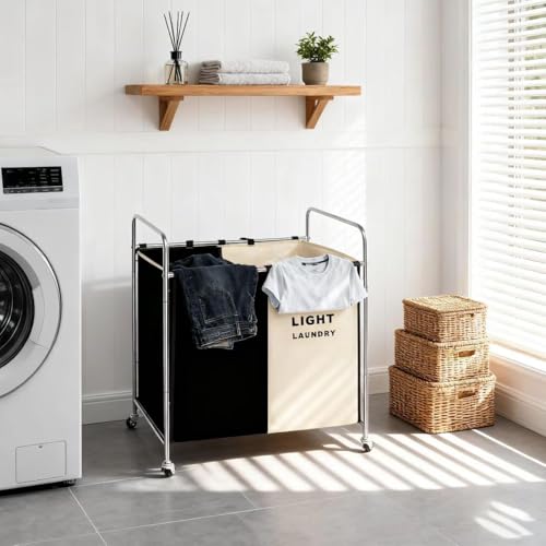 Double Compartment Rolling Laundry Sorter Cart with Wheels, Dark and Light Separation Hamper, Chrome Frame, Mobile Clothes Storage Organizer(Black+white, 2 Sections)