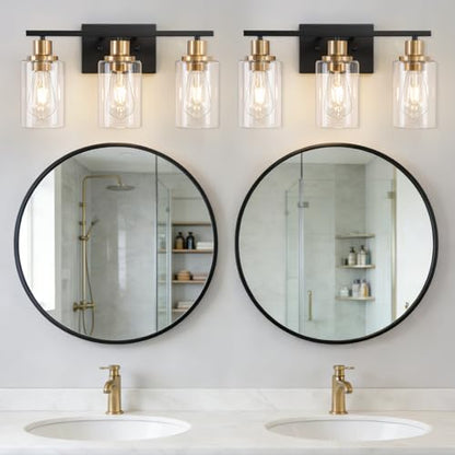 3 Light Bathroom Wall Light Fixture Vanity Wall Lights Over Mirror | Wall Sconce Lighting with Clear Glass Shades, Modern Wall Lights Wall Lamp for Mirror, Hallway Kitchen Bedroom Cabinet - color: Black Gold