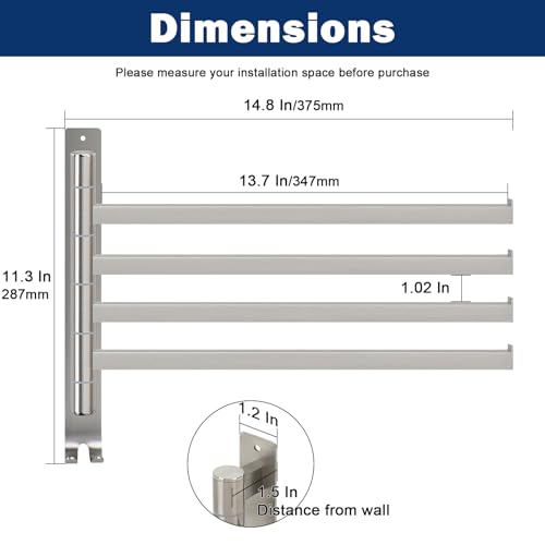 NearMoon Swivel Towel Rack, 13.8" Thicken 304 Stainless Steel 4-Arm Towel Bar, Space Saving Wall Mounted Towel Holder with Hook, Rustproof Swing Out Towel Hanger for Bathroom, Square (Brushed Nickel) - color: Brushed Nickel, size: 13.8 Inch-Squ