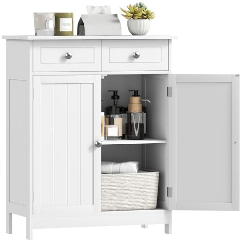 kleankin Freestanding Bathroom Floor Cabinet with 2 Doors 2 Drawers White | Wooden Bathroom Cabinet, Adjustable Shelf - color: White