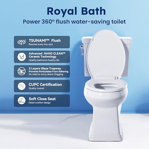 RoyalBath Elongated Two piece Toilet for Bathrooms, 12" Rough In | 17.3" ADA Height, Nano Self-Cleaning, WaterSense/MAP/CUPC Certified, 1.27 GPF 360° TSUNAMI Flush, Soft-Close Seat - size: 1.27 GPF Classical Side Flush