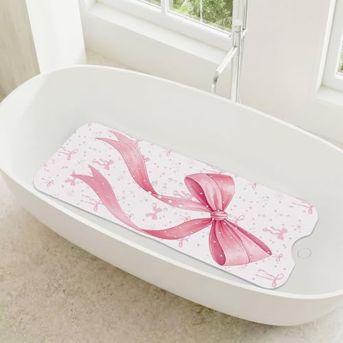 Breling Non-Slip Pink Bow Bathtub Shower Mat Extra Long (40" x 16") - Cute Bow Print Bath Mat with Drain Holes & Suction Cups, Machine Washable Coquette Preppy Bathmat for Bathroom Floor Women Girls - style: Pink Bow