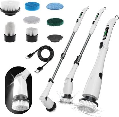 Electric Power Spin Scrubber - Cordless Cleaning Brush with 7 Replaceable Brush Heads - 3 Speed with Flashlight - Adjustable and Extendable for Cleaning Tile Grout Bathtub Window Kitchen Floor