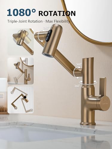 Rotatable Bathroom Faucet with Temperature Display in Fahrenheit (Batteries-Free), 3 Water Outlet Modes, Brushed Copper - color: Brushed Copper