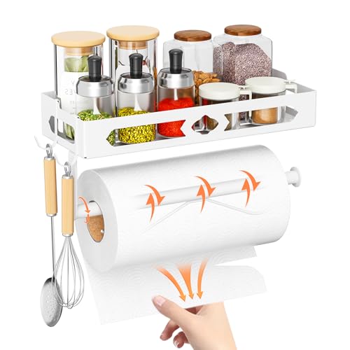 Wall Mount Paper Towel Holder with Shelf for Bathroom, Kitchen,White 2Hooks | Metal Spice Rack, Easy One-Hand Tear Design Mounted Hanging Hand Paper Towel Roll Holder for RV, Home(Self Adhesive or Drill) - color: White