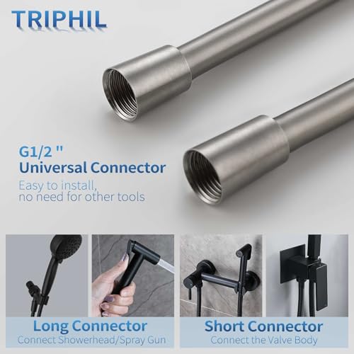TRIPHIL Kink-free Silicone Shower Hose, 59" Extra Long Flexible RV Handheld Shower Head Hose Replacement, with Brass Insert and Nut, Premium Anti-Explosion Brushed Nickel - color: Brushed Nickel, size: 59 Inch