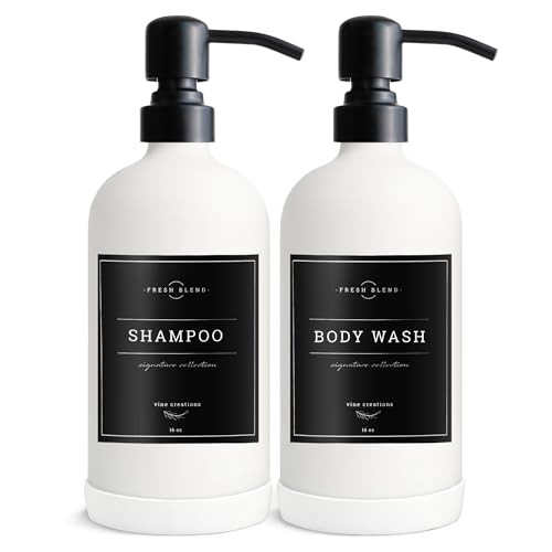Vine Creations White Glass Soap Dispenser, 2 Pack Kitchen Soap Dispenser Set with Stainless Steel Pump, 16 oz Dish Soap and Hand Soap Dispensers for Bathroom with Waterproof Labels - color: Matte White Bottle / Matte Black Pump