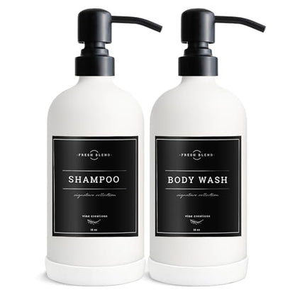 Vine Creations White Glass Soap Dispenser, 2 Pack Kitchen Soap Dispenser Set with Stainless Steel Pump, 16 oz Dish Soap and Hand Soap Dispensers for Bathroom with Waterproof Labels - color: Matte White Bottle / Matte Black Pump