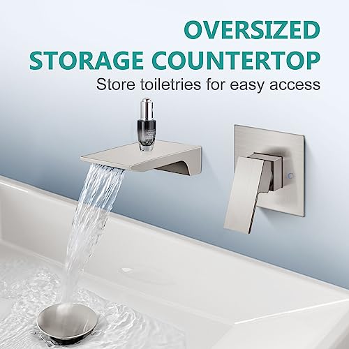 Wall Mount Bathroom Faucet, Waterfall Tub Filler, Brushed Nickel | SUS304 Waterfall Spout, Rough-In Valve, Single-Handle Control, 1/2-Inch NPT, Flexible Handle Placement - color: Brushed Nickel