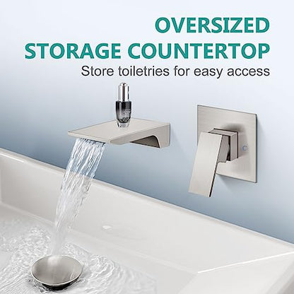 Wall Mount Bathroom Faucet, Waterfall Tub Filler, Brushed Nickel | SUS304 Waterfall Spout, Rough-In Valve, Single-Handle Control, 1/2-Inch NPT, Flexible Handle Placement - color: Brushed Nickel