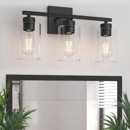 Matte Black Bathroom Vanity Light, 3-Light Vanity Lighting fixtures Over Mirror, Round Design & UL Certification, Wall Sconces with Clear Glass Shades, E26 Socket (Bulbs Not Included) - color: Black-round, size: 3 Light