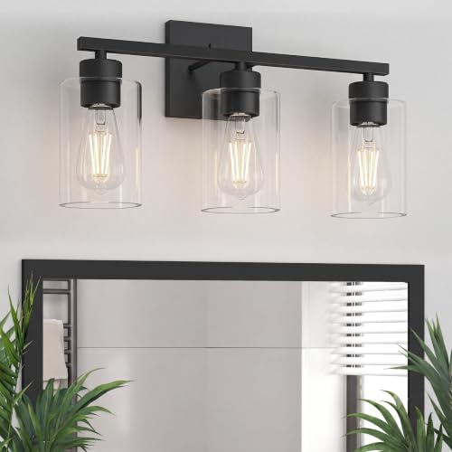 Matte Black Bathroom Vanity Light, 3-Light Vanity Lighting fixtures Over Mirror, Round Design & UL Certification, Wall Sconces with Clear Glass Shades, E26 Socket (Bulbs Not Included) - color: Black-round, size: 3 Light