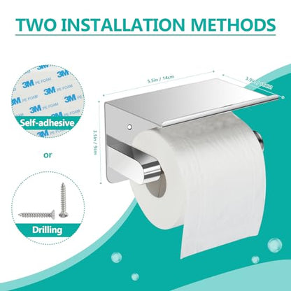 Self Adhesive or Screw Wall Mounted Toilet Paper Roll Holder with Phone Shelf, SUS 304 Stainless Steel Wall Mounted Toilet Paper Roll Holder - Stainless Steel Bathroom Hardware Set (Shiny) - color: Shiny