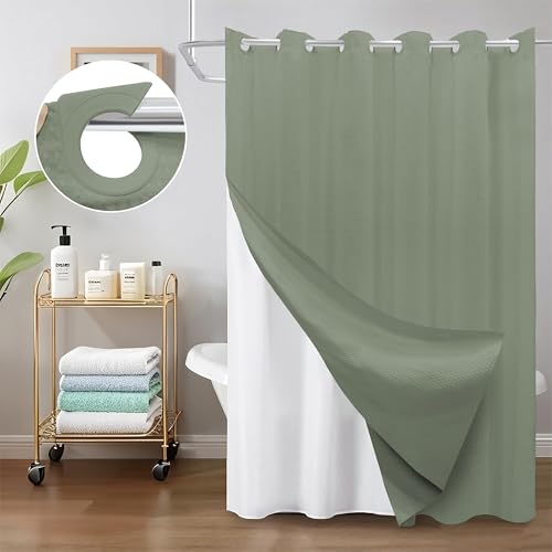 Inhousolu No Hook Shower Curtain with Removable Snap-in Liner, Waffle Weave 230 GSM Polyester, Weighted Hem, Water Repellent Washable, 72 x 78 Inch, Sage Green - color: Sage Green, size: 72"W x 78"L (Pack of 1)