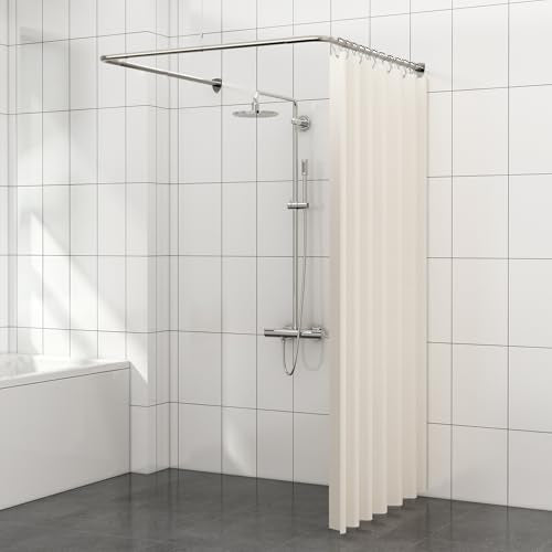 U Shaped Shower Curtain Rod, Adjustable Corner Shower Curtain Rod for Bathroom, Clothing Store, Stainless Steel with 12 Ring Hooks & Ceiling Support [Both Sides: 23.6"-52", Middle: 31"-46.7"] (Silver) - color: Silver