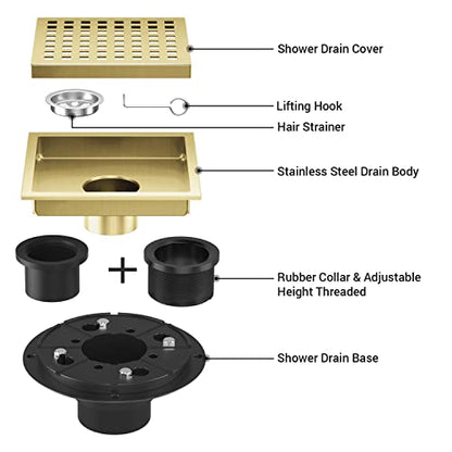 EXF Square Shower Drain Brushed Gold 6-Inch with ABS Flange, Hair Catcher | 304 Stainless Steel, Removable Grid Grate, Anti-Clog, Anti-Rust, Easy Clean, Adjustable Height - color: Gold, size: 6IN