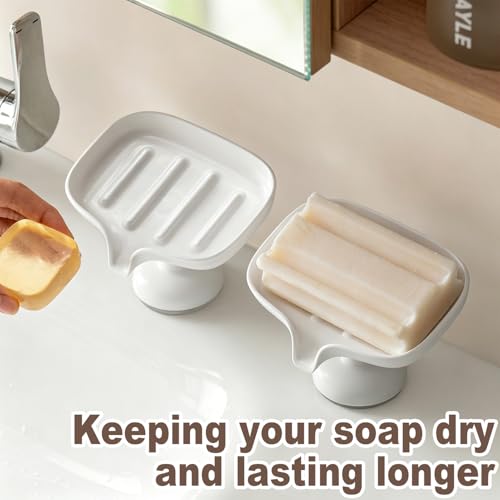 1PCS Self Draining Soap Dish with Suction Cup, Soap Holder for Shower, Bathroom, Sponge Holder for Kitchen Sink, Removable No Damage Stand Bar Soap Tray with Drain Spout Keeps Clean & Dry, White