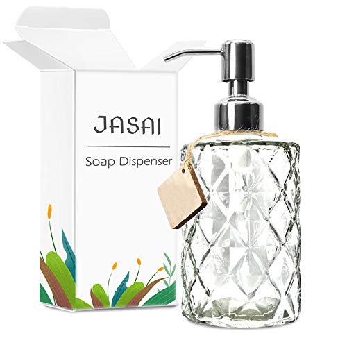 JASAI Diamond Design 12 Oz Glass Soap Dispenser with Rust Proof Pump | Kitchen Soap Dispenser with 304 Stainless Steel Pump, Bathroom Soap Dispenser for Hand Soap, Dish Soap, liquid Soap(Clear) - color: Clearglass-silver Pump, style: Diamond