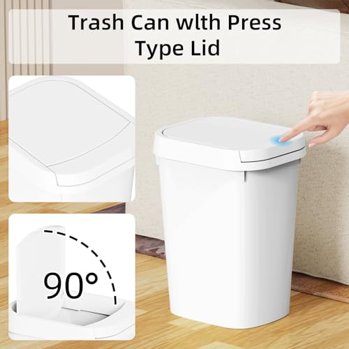 KSSKSS 3 Pack Bathroom Small Trash Can with Lid, 2.6 Gallon Slim Garbage Bin with Pop-Up Lid, 10L Plastic Wastebasket for Bedroom, Office, Kitchen, Toilet (White) - color: White-included Trash bags