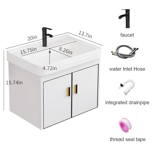 20 Inch Wall Mounted Bathroom Vanity with Sink, Modern Floating Bathroom Cabinet with Integrated Ceramic Basin, Soft Close Double Doors, Complete Faucet & Plumbing Hardware Set for Small Bathroom