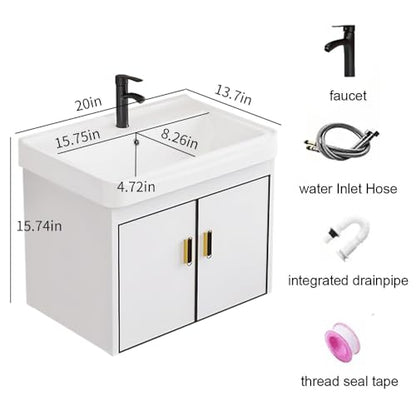 20 Inch Wall Mounted Bathroom Vanity with Sink, Modern Floating Bathroom Cabinet with Integrated Ceramic Basin, Soft Close Double Doors, Complete Faucet & Plumbing Hardware Set for Small Bathroom