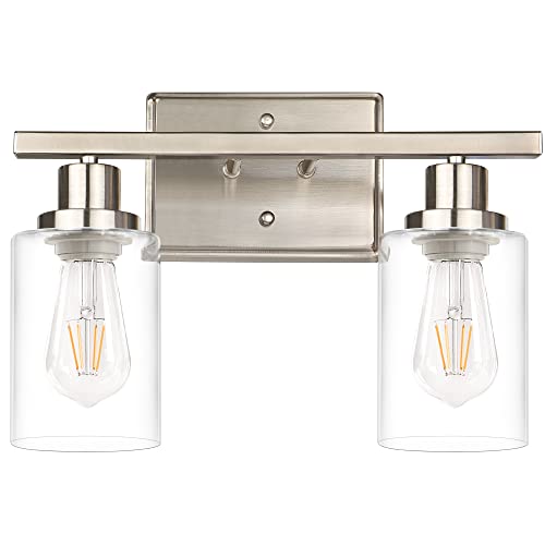 Ascher 2-Light Wall Sconces, Modern Vanity Light Fixture with Clear Glass Shade, Brushed Nickel Wall Light for Mirror Bedroom Hallway, E26 Base (Bulbs Not Included) - color: Nickel, size: 2 Light