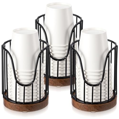 3 Pack Bathroom Cup Dispenser with Wood Stand for 3 oz Cups, Essential Guest Bathroom Accessories for Vanity Countertop Toothbrush Holders, Mouthwash Cup Dispenser, Cotton Pad Rack, Black