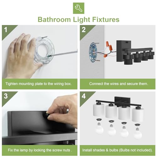 Honesorn 4-Light Vanity Lights, Matte Black Bathroom Light Fixtures | Black Bathroom Vanity Light, Wall Sconces with Milky White Frosted Shades Bedroom,E26 Socket(Bulbs Not Included) - color: Matte Black, size: 4-Light