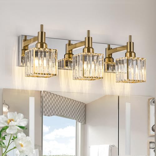Crystal Bathroom Vanity Light Gold Chrome 3-Light Modern Bathroom Lighting Fixtures Over Mirror Square Wall Sconce - color: Gold Chrome-Square Shade, size: 3-Light