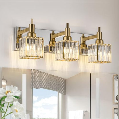 Crystal Bathroom Vanity Light Gold Chrome 3-Light Modern Bathroom Lighting Fixtures Over Mirror Square Wall Sconce - color: Gold Chrome-Square Shade, size: 3-Light