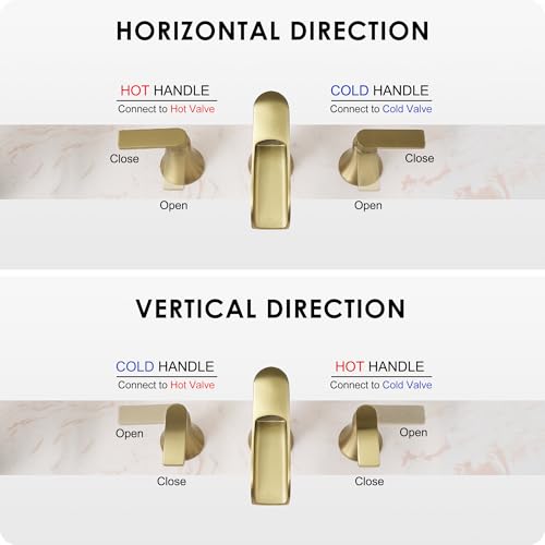 Brushed Gold Bathroom Faucet 3 Hole, 4-8 Inch Brass Widespread Waterfall Bathroom Sink Faucets with Pop Up Drain and cUPC Supply Line, 2 Handles for Vanity, Lavatory, Restroom, Apartment, Modern - color: Brushed Gold - Elegant