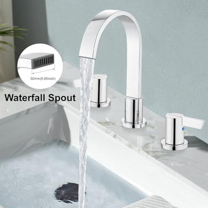 Midanya 8 Inch Widespread Bathroom Sink Faucet 3 Hole,Polish Chrome | Waterfall Swivel Spout,2 Handle,SUS304,with Pop Up Drain,cUPC 24" Water Hose,for 6-16” hole distance vanity,RV,Farmhouse Sink - color: Chrome