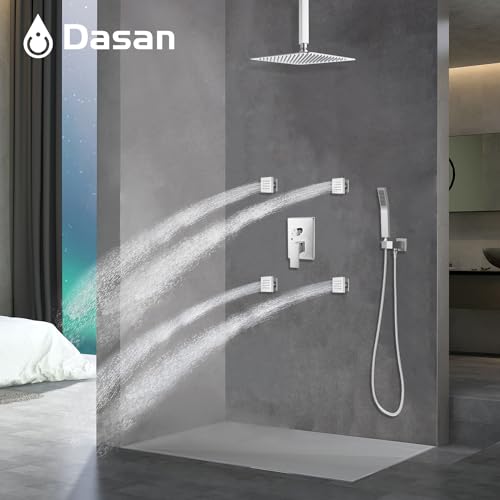 Polished Chrome Shower System with 4 PCS Shower Body Spray Jets & 12’’ Ceiling Shower Head & Handheld Spray, DASAN Full Body Shower Faucet System with Jets Rainfall Shower Combo Set, SA-SS03BCH-S12C - color: Chrome