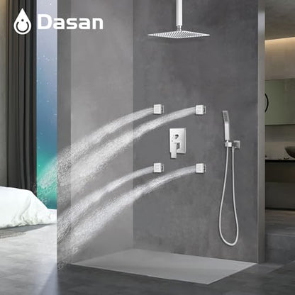 Polished Chrome Shower System with 4 PCS Shower Body Spray Jets & 12’’ Ceiling Shower Head & Handheld Spray, DASAN Full Body Shower Faucet System with Jets Rainfall Shower Combo Set, SA-SS03BCH-S12C - color: Chrome