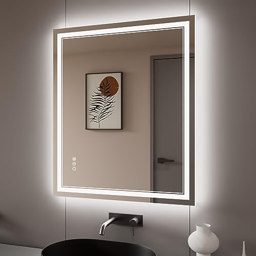 30x36 Inch LED Bathroom Mirror with Lights | Front and Backlit, 3 Colors, Dimmable, Memory, Anti Fog, Shatterproof, Horizontal/Vertical, Lighted Mirrors for Bathroom Wall - color: Dual Lights, size: 30"L x 36"W