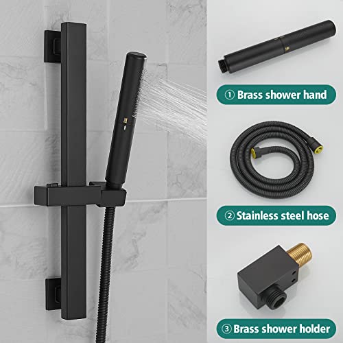 Hoimpro 12 Inch Matte Black Shower System with Adjustable Slide Bar, Square Rain Shower Head and Wand Wall Mounted, Rainfall Shower Faucet Fixture Combo Set, 2 in 1 Handheld Showerhead for Bathroom